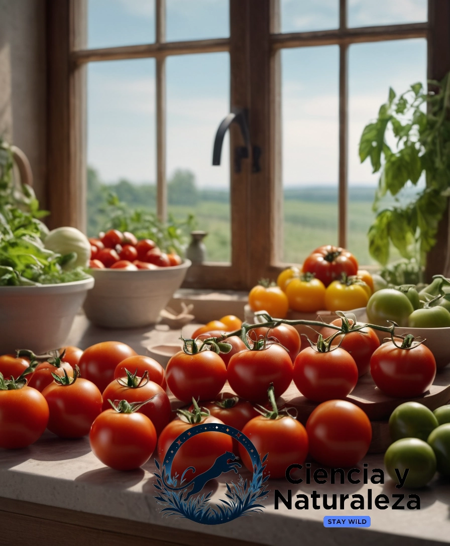 Púrpura tomatoes and fresh ingredients in a kitchen setting.