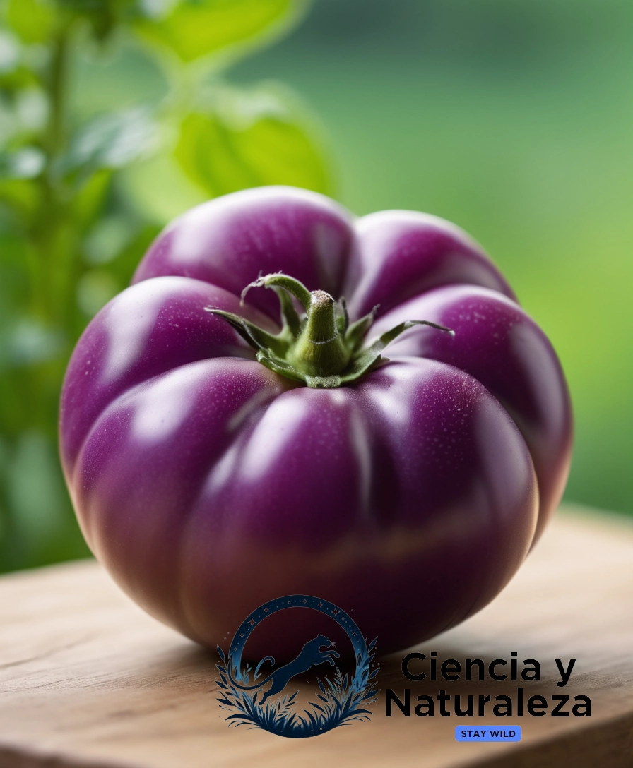 A vibrant purple tomato against a bright green background.