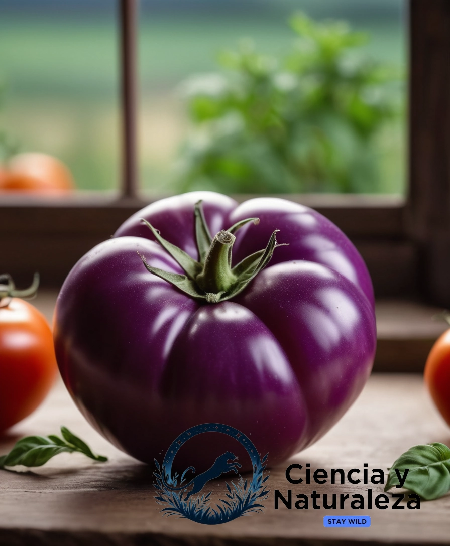 A vibrant purple tomato surrounded by health symbols.