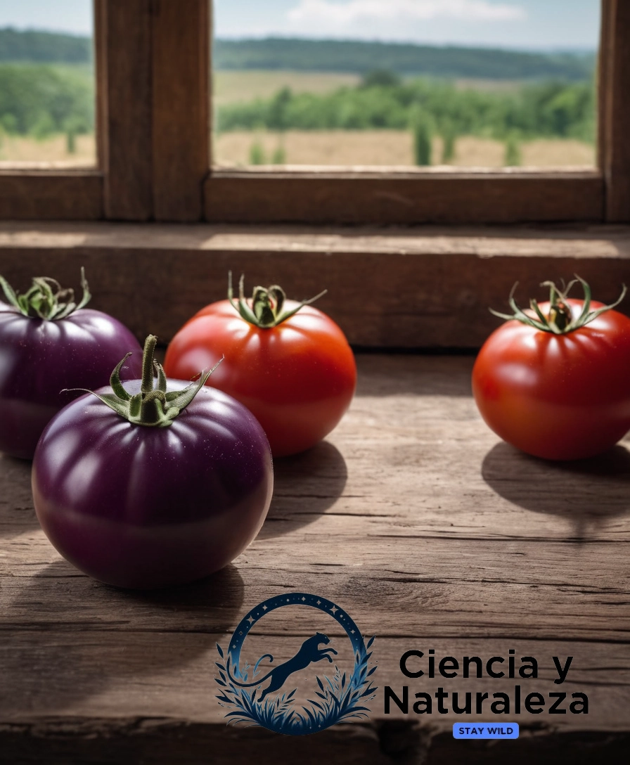 3-4 juicy purple tomatoes on a rustic wooden table.