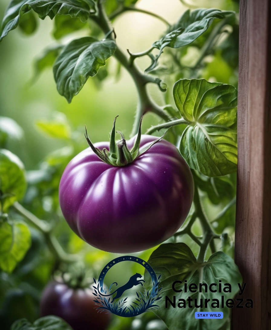 A vibrant purple tomato surrounded by healthy greens.