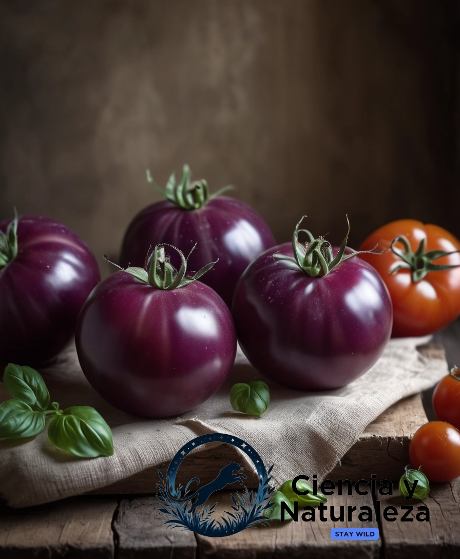 2-3 juicy purple tomatoes on a rustic background.