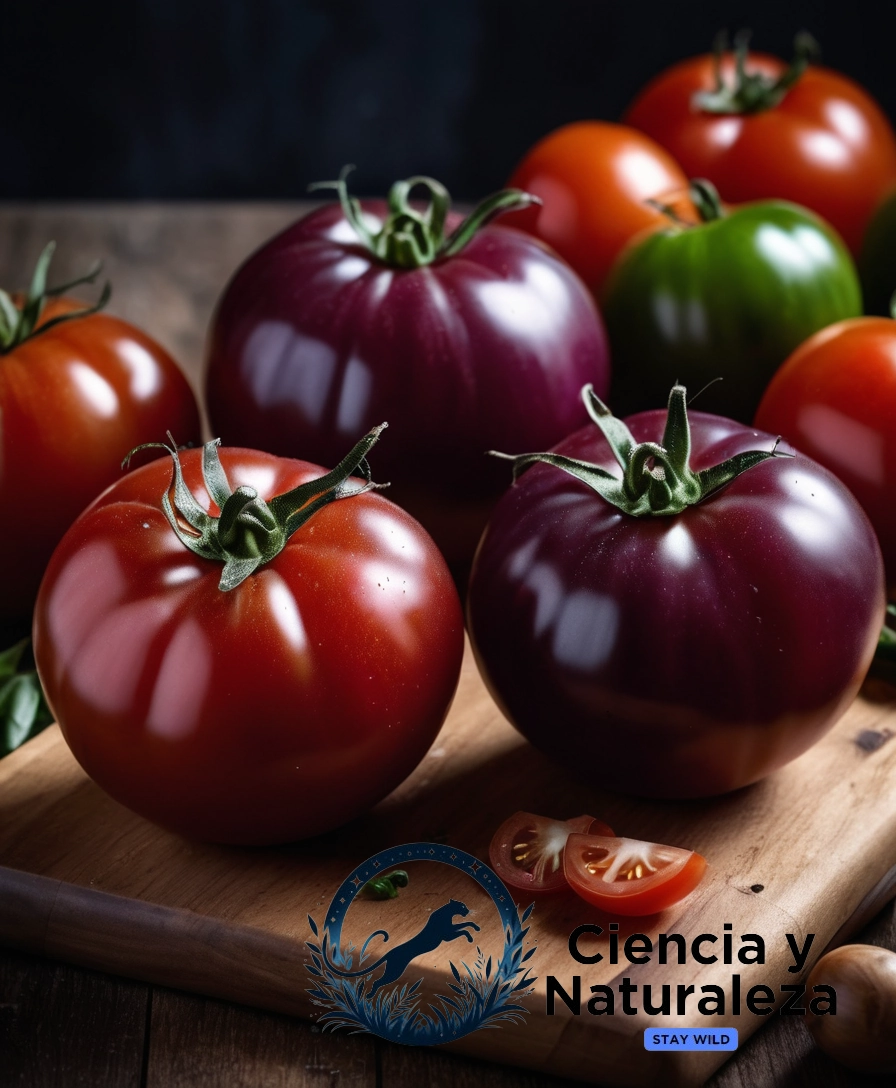 3-4 ripe purple tomatoes on a wooden cutting board.