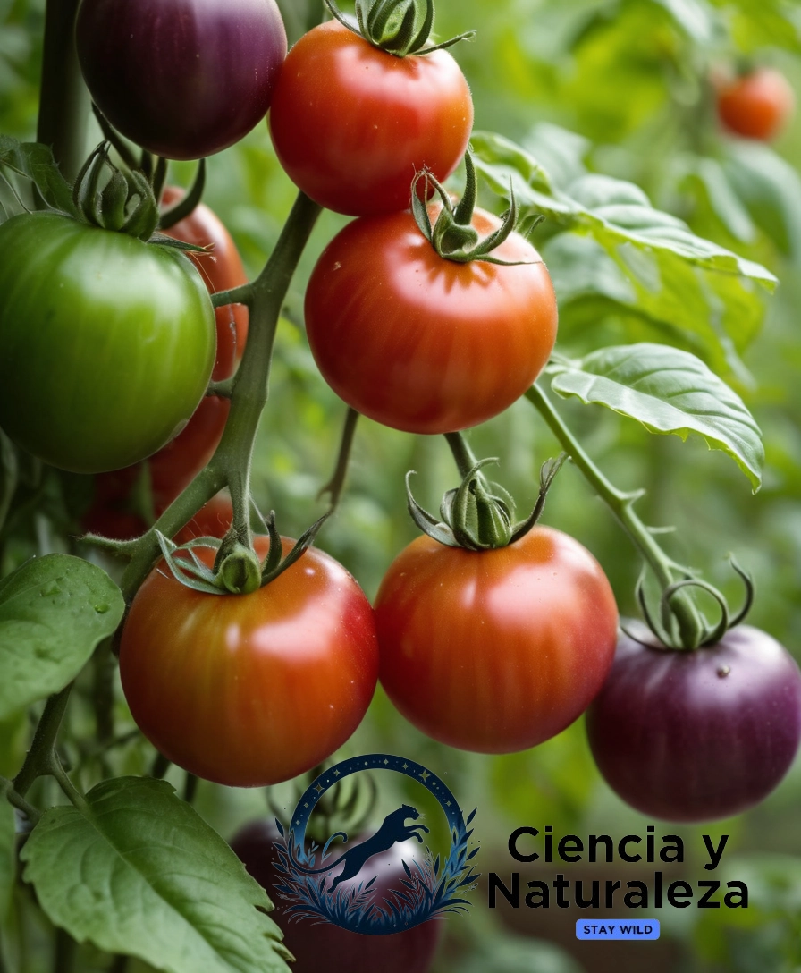 Purple tomatoes with fresh green leaves and soil background.