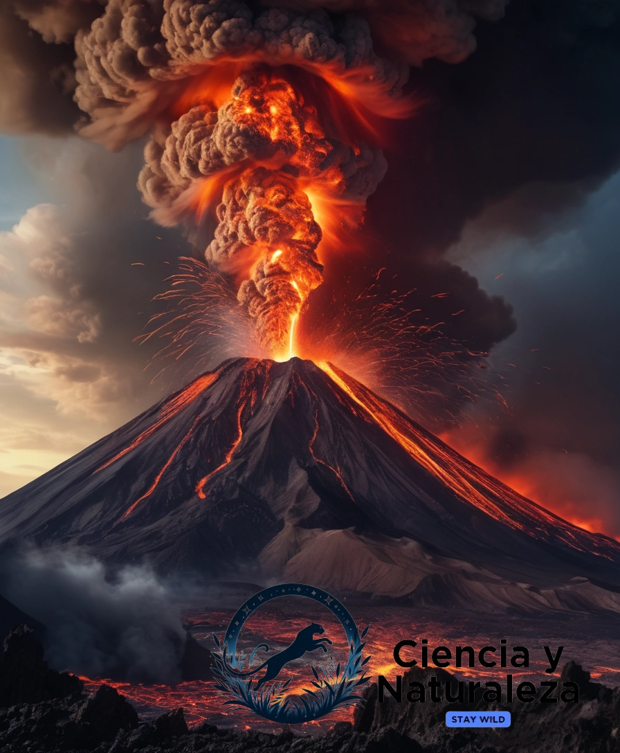Volcano eruption scene, with ash clouds and flames.