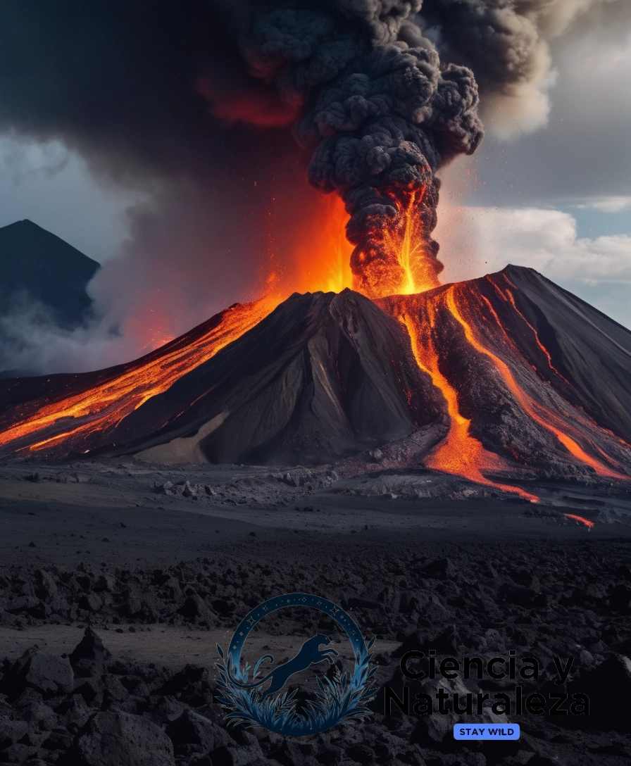 A dramatic volcanic eruption scene.