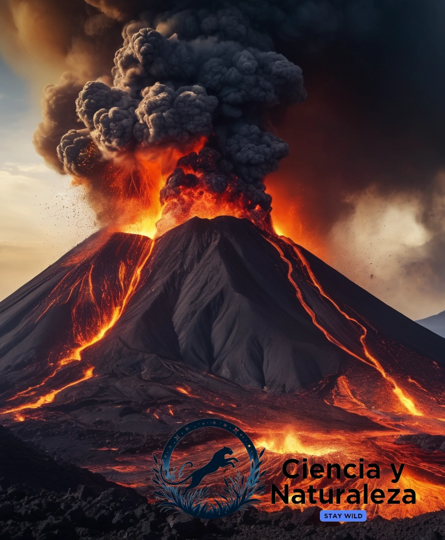 A dramatic volcanic explosion scene.