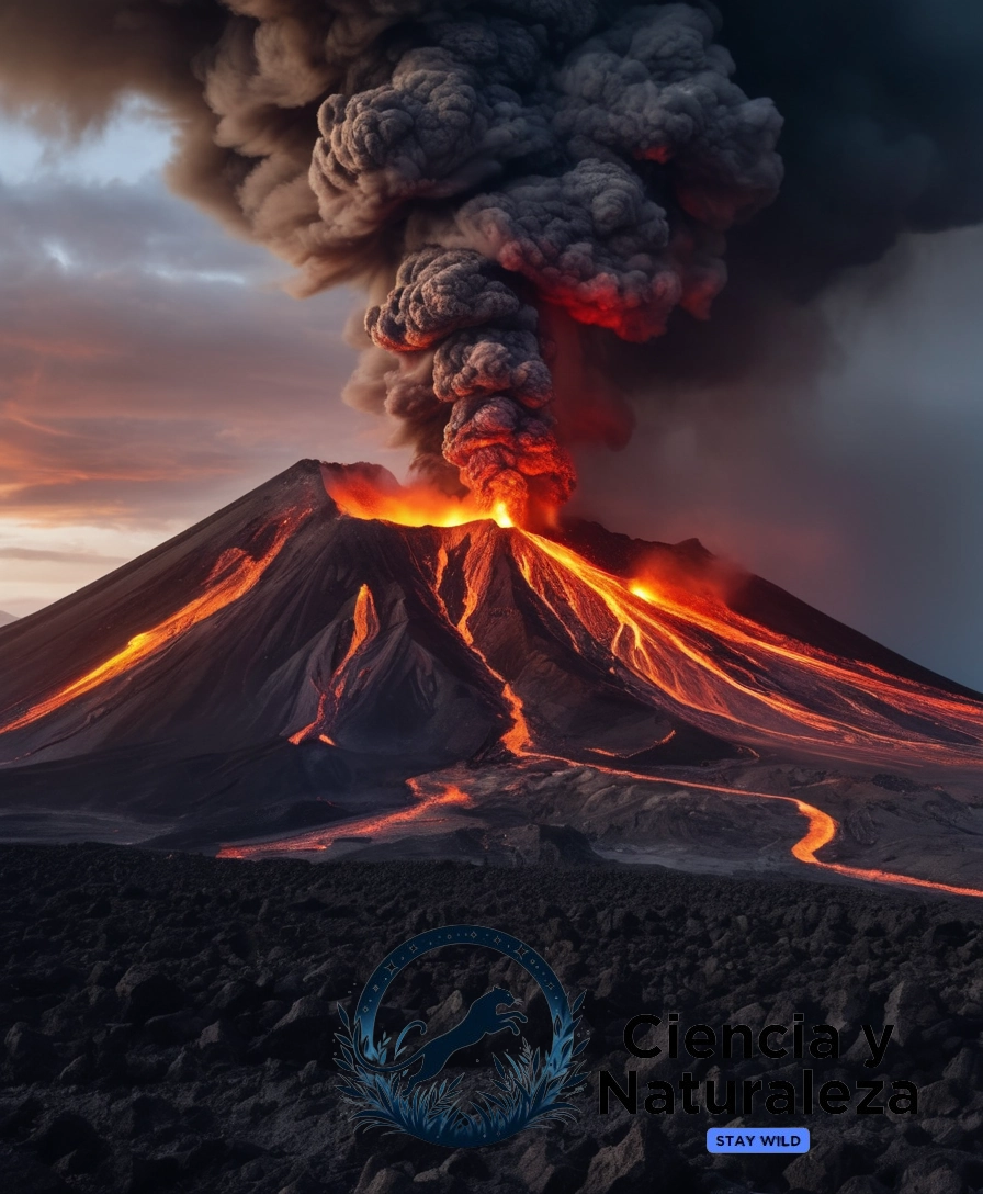 A dramatic volcanic eruption scene.
