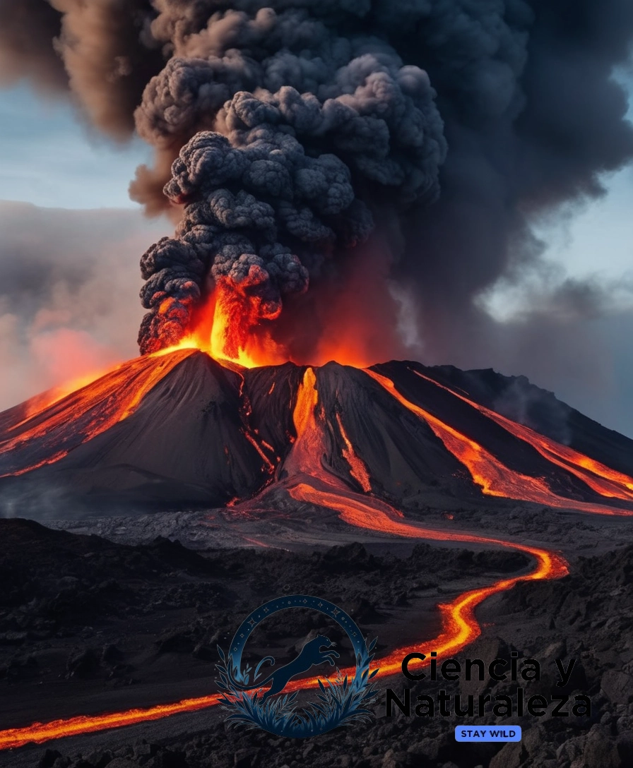 a volcanic eruption in action, with lava flowing.