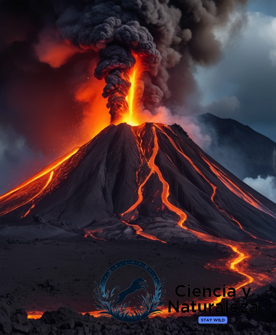 A dramatic volcanic eruption with ash and lava.