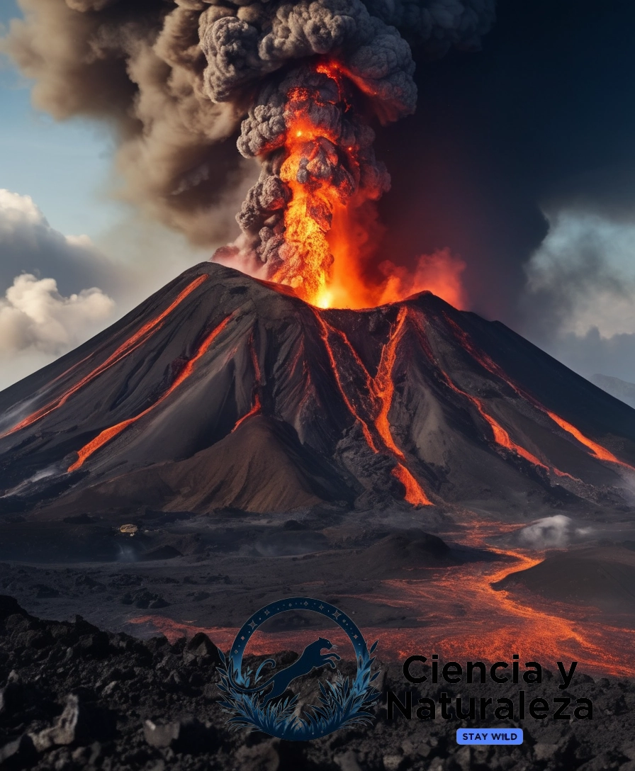 A dramatic volcanic eruption scene.