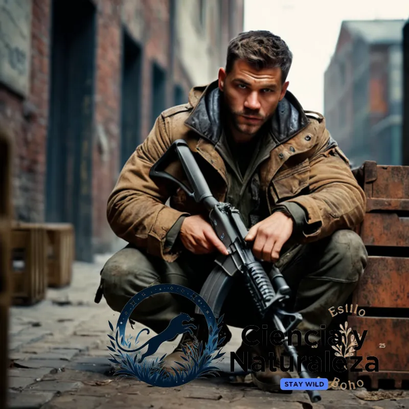 The image should show a rugged guerrilla fighter crouched behind a stack of rusty old crates in a deserted urban alleyway, wearing a tattered woodland camouflage jacket and holding a Kalashnikov rifle at the ready, with dimly lit cityscape shadows casting a sense of foreboding in the background.