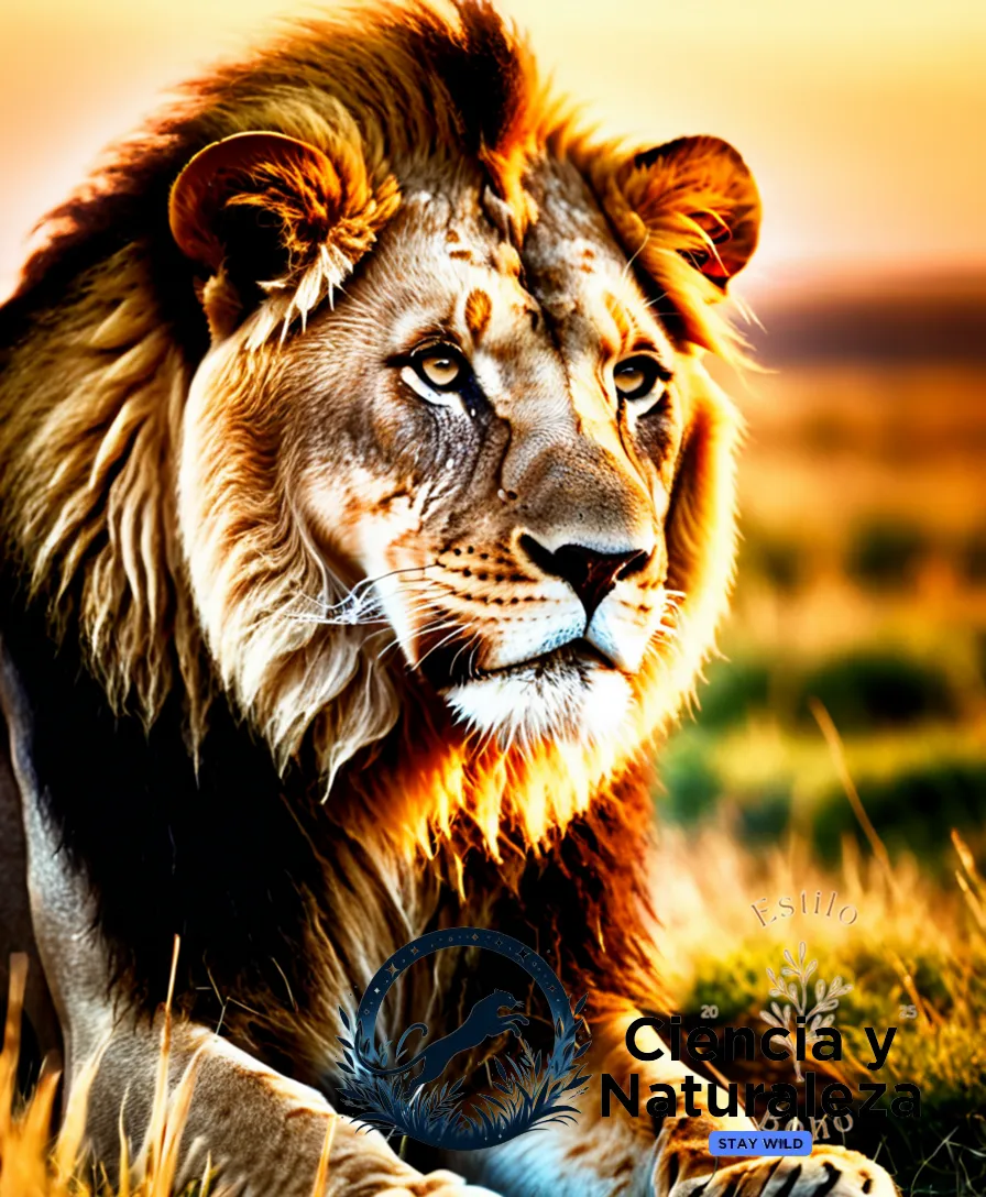 The image should show a close-up shot of a majestic Lion (Panthera leo) blending seamlessly into the golden savannah grasslands, its tawny mane a perfect camouflage as it crouches low and still, awaiting the perfect moment to strike under the warm, golden light of dawn.
