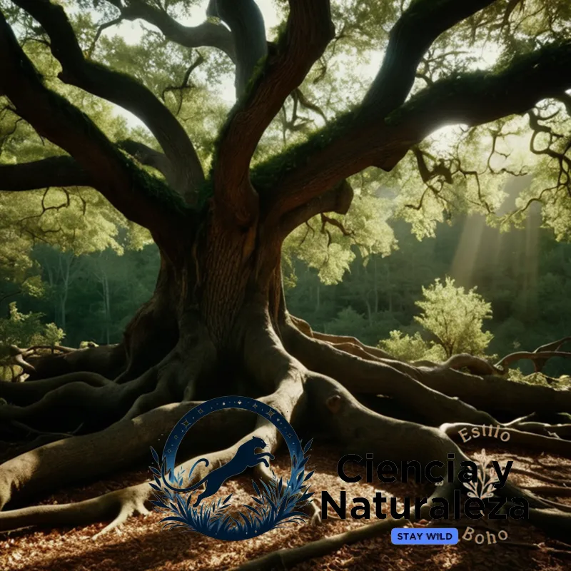The image should show a dense thicket of thick, gnarled branches and twisted roots of a mature oak tree, partially concealing a large, weathered woven hunting snare on its trunk, as sun-dappled dappled shadows play across the forest floor.