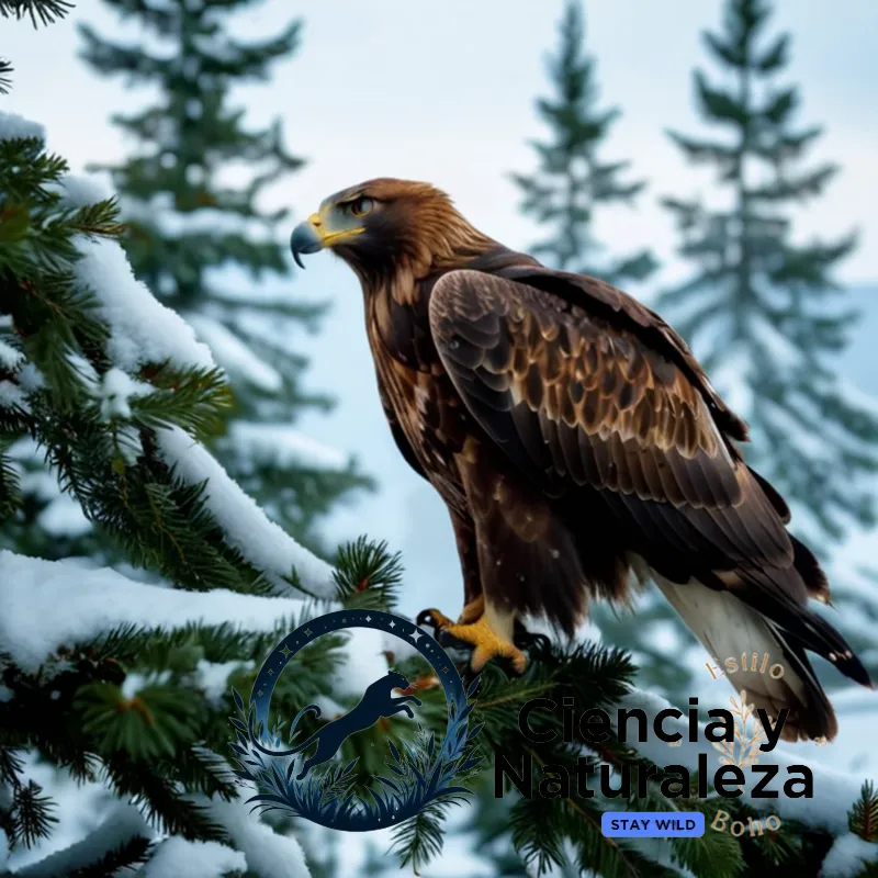 The image should show a regal Golden Eagle (Aquila chrysaetos) perched on a gnarled, snow-covered branch of a Scandinavian spruce tree, its piercing yellow eyes scanning the horizon, feathers rustling in the soft morning light.