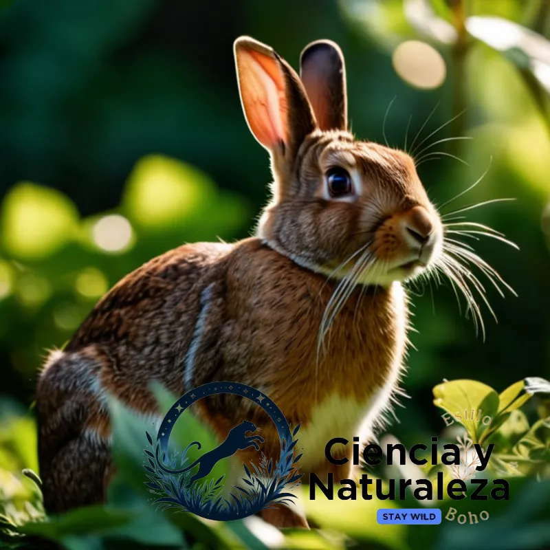 The image should show a medium-sized, tawny-brown rabbit sitting motionless in dense foliage, its large eyes fixed on something off-camera, as sunlight filters through the leaves to create dappled shadows and emphasize its camouflage, subtly highlighting the animal's natural defenses against nocturnal predators.