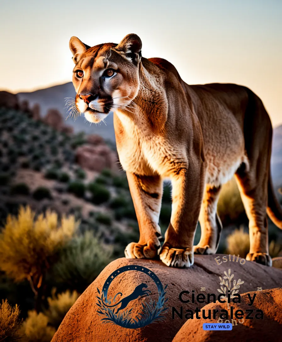 The image should show a majestic mountain lion perched on a rocky outcropping at dusk, its tawny coat blending seamlessly into the desert landscape, eyes piercing through the gloom as a branch snapped from nearby scrub brush lies broken and still beneath it in testament to its stealthy approach.