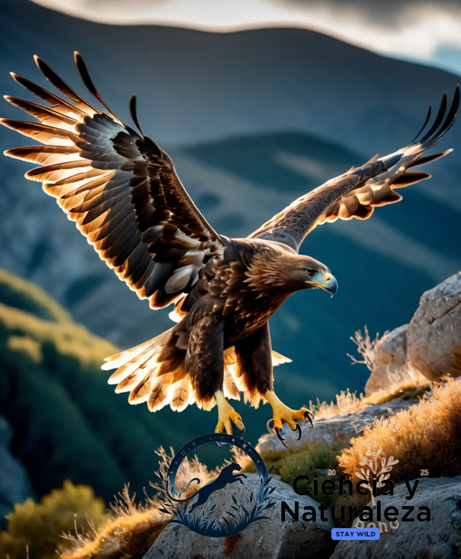 The image should show a majestic golden eagle (Aquila chrysaetos) in mid-air, its wings outstretched and talons extended, diving towards its unsuspecting prey - a small hare - on a rugged, sun-drenched rocky terrain amidst scrubby vegetation under a clear blue sky with wispy clouds.