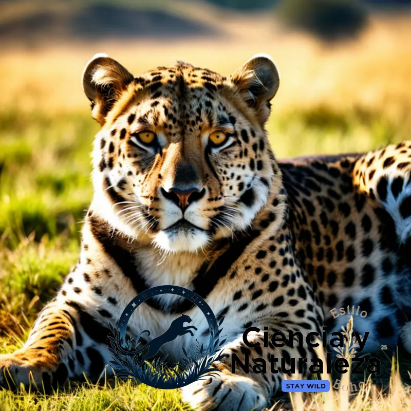 The image should show a guepardo in mid-slumber, its large brown coat with golden undertones blending into the sun-drenched Savannah grassland, its powerful legs splayed out in front of it, and its piercing yellow eyes closed tightly as it recovers from an exhausting hunt under a clear blue sky dotted with puffy white clouds.