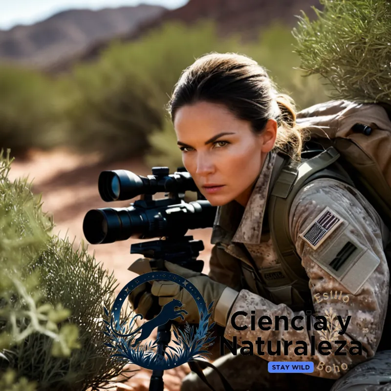 The image should show: A close-up photograph of a skilled huntress clad in camouflage gear, crouched behind a bush in a dry, rocky outback, surrounded by spiky yareta plants, with her eyes focused intently on the subject of an effective ambush hunt, maintaining perfect stealth.