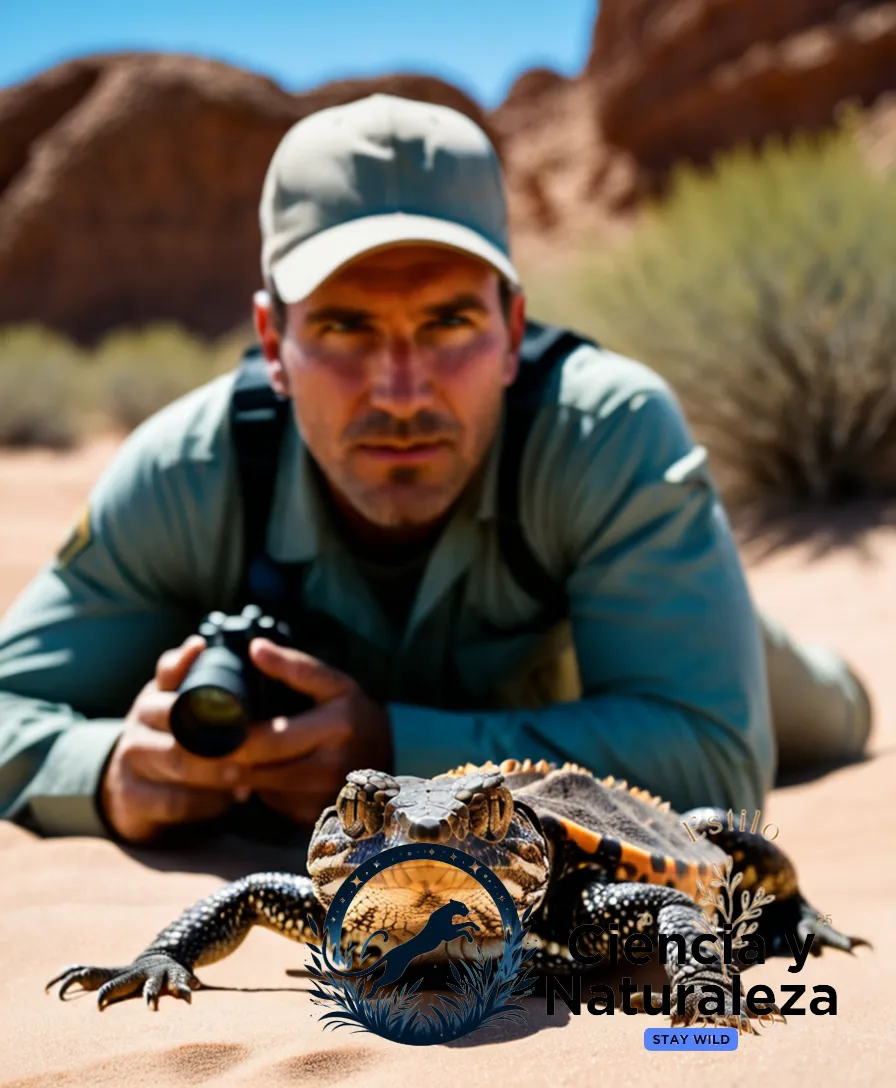 The image should show a well-camouflaged herpetologist lying flat on the sandy desert terrain, binoculars around his neck, with a sharp-eyed gaze at an unusually still adult Gila Monster (Heloderma suspectum) in the foreground, its rough, scaly skin blending into the surrounding rock formations under a intense blue sky.