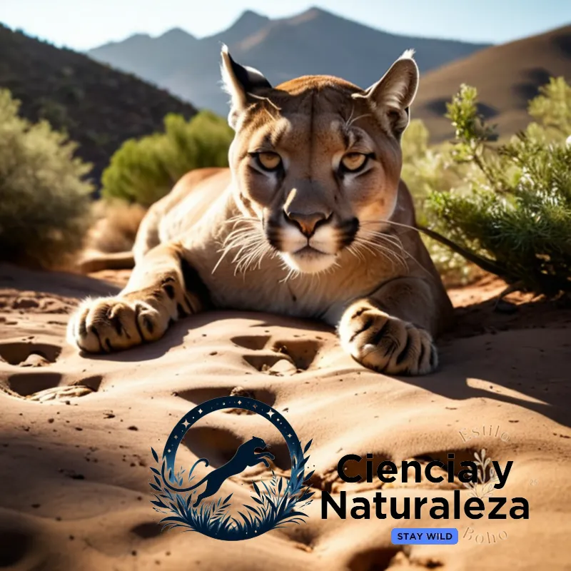 The image should show: A close-up of a large puma's massive paw prints embedded in the dusty, rugged terrain of the Andes mountains, partially obscured by shrubbery, casting dappled shadows on the earthy brown terrain under warm sunlight.