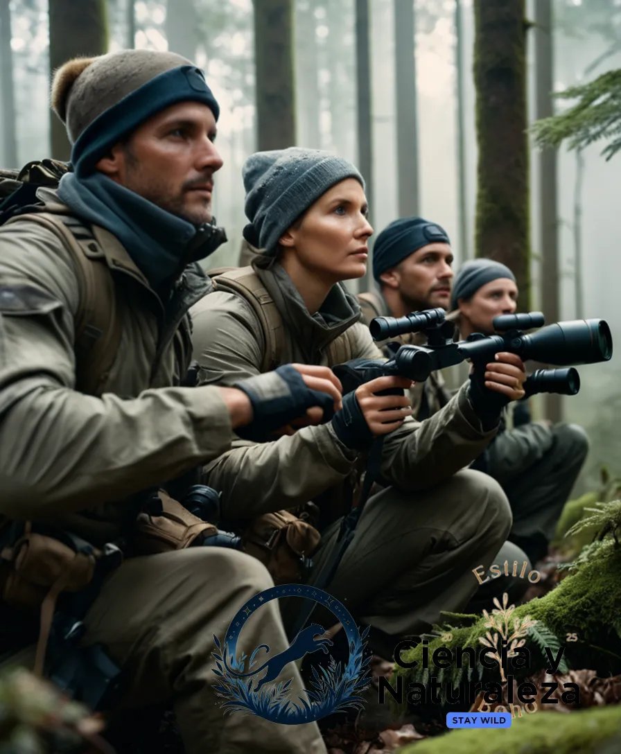 The image should show a group of rugged outdoor enthusiasts, clad in camouflage gear and binoculars around their necks, trudging silently through a misty, autumnal forest, illuminated by dappled sunlight filtering through the dense canopy above, with an unmistakably discernible European Rabbit frozen still in the underbrush ahead.