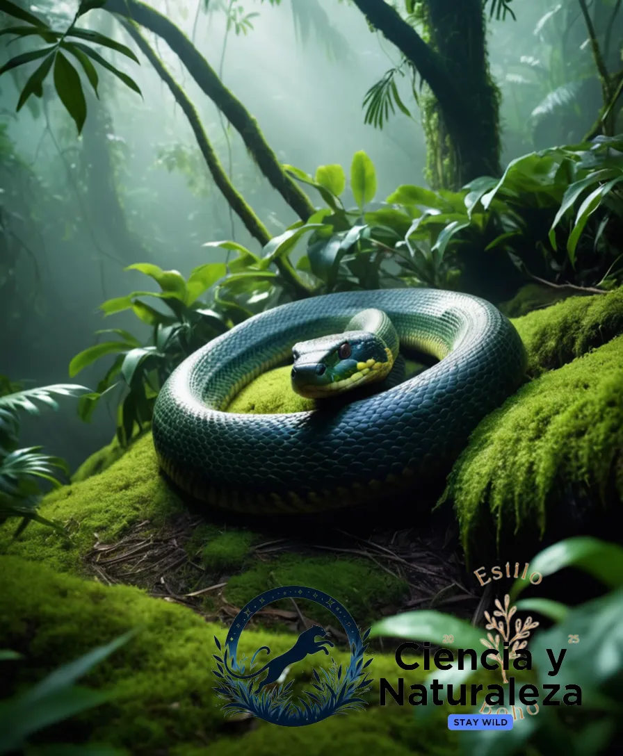 The image should show Anaconda Verde coiled majestically in the center of a dense, misty Amazonian rainforest, its vibrant green skin blending effortlessly into the lush foliage as it gazes intently through unblinking eyes at a unsuspecting capybara hiding behind a tangle of vines.