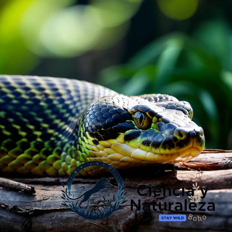 The image should show a massive green anaconda coiled on top of a partially submerged log, its scaly body glistening in shimmering sunlight as it surveys its humid tropical surroundings.