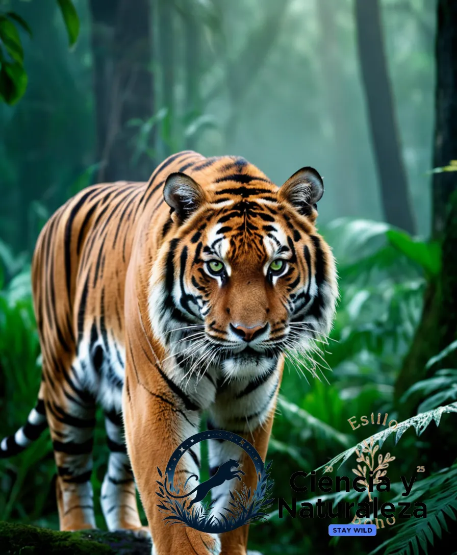 The image should show a majestic Tiger standing silently in a dense, misty jungle foliage, its lithe body and tawny coat blending seamlessly into the surroundings as its piercing green eyes seem to be gazing intensely through the darkness, awaiting its unsuspecting prey.