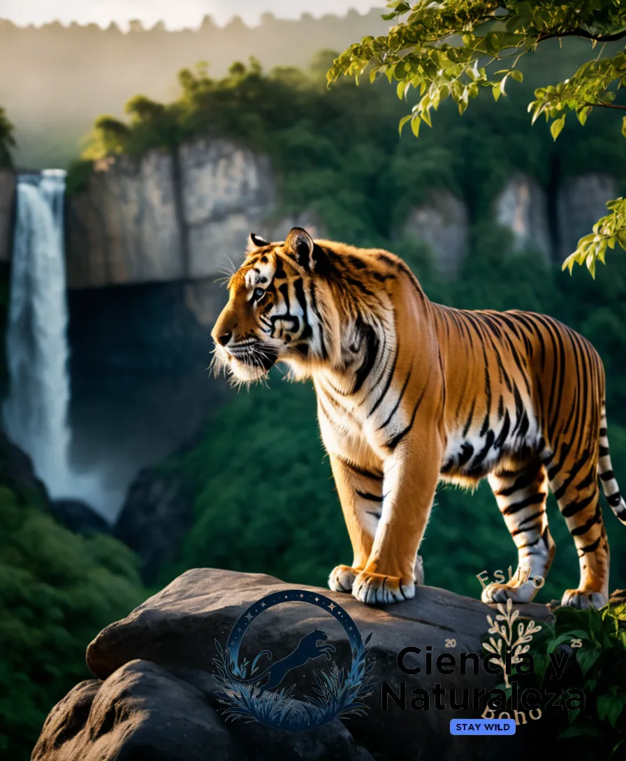 The image should show a majestic Tiger, its golden coat glistening in the warm light of dawn, standing on a rocky outcropping amidst a lush forest ecosystem, with a misty waterfall visible in the background, and its piercing gaze commanding attention amidst vibrant green foliage.