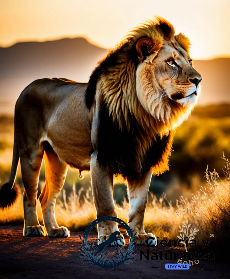 The image should show: A majestic male lion in his prime stands regally amidst a savannah landscape at dawn, with warm golden light casting long shadows behind him, highlighting his rugged yet elegant fur textures as he surveys his domain, a stark reality of habitat loss and poaching.