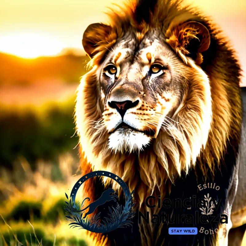The image should show a majestic male lion with tawny golden fur, mane wisps blown back by a warm savannah breeze, set against a serene African landscape of acacia trees and rolling grasslands at sunset, eyes fixed intensely on the viewer.