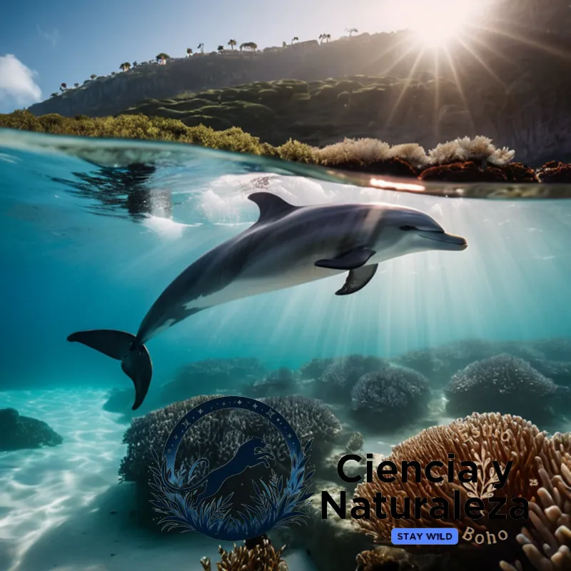 The image should show: A majestic dorsal fin breaking through the surface of crystal-clear turquoise water, as a bottlenose dolphin swims in silhouette against a warm sunny sky, highlighting its sleek gray and white body amidst a backdrop of natural seaweed and coral formations.