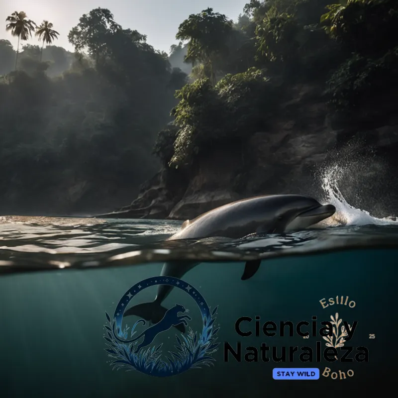 The image should show a hauntingly beautiful Ganges river dolphin (Platanista gangetica) breaking through the murky waters of an Indian river, its greyish-brown skin blending in with the surrounding environment as it breaches the surface, with a faint fish leaping upwards out of the water.