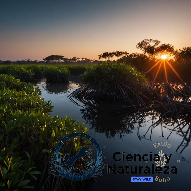 The image should show a rugged and serene landscape of a wetland environment at dusk, with a dense thicket of tall mangroves (up to 15 meters high) towering over a tangled network of black waterside grasses and twisted wooden roots, reflecting the warm orange hues of the setting sun.