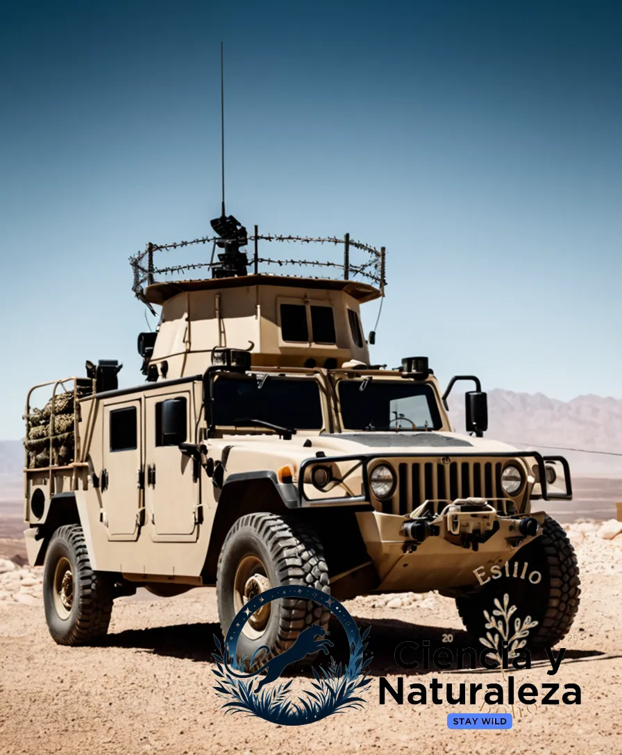 The image should show: A rugged, fortified watchtower standing stark against a desert background, its metallic façade pockmarked with machine gun emplacements, razor wire topping the parapet, and an HMMWV (High Mobility Multipurpose Wheeled Vehicle) parked at the entrance, surrounded by layered coils of concertina wire.