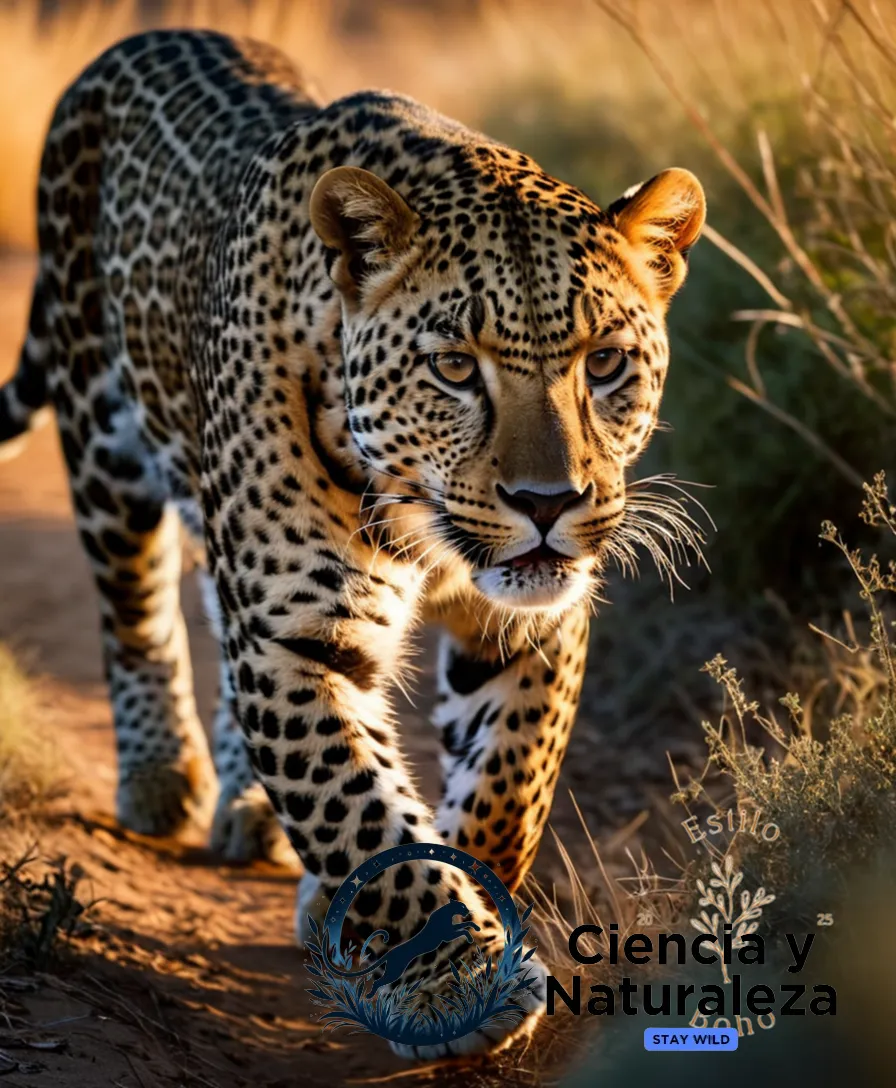 The image should show a majestic leopard (Panthera pardus) prowling through the dense underbrush of a savannah landscape at twilight, its tawny coat blending seamlessly into the shadows as it searches for prey, set against a backdrop of orange-tinged grasses and acacia trees.