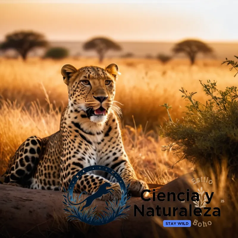 The image should show a leopard or lioness in its natural habitat, likely a savannah or grassland at sunset, bathed in warm golden light with long shadows, against a subtle yet textured backdrop of African plains vegetation, such as acacia trees and shrubs.