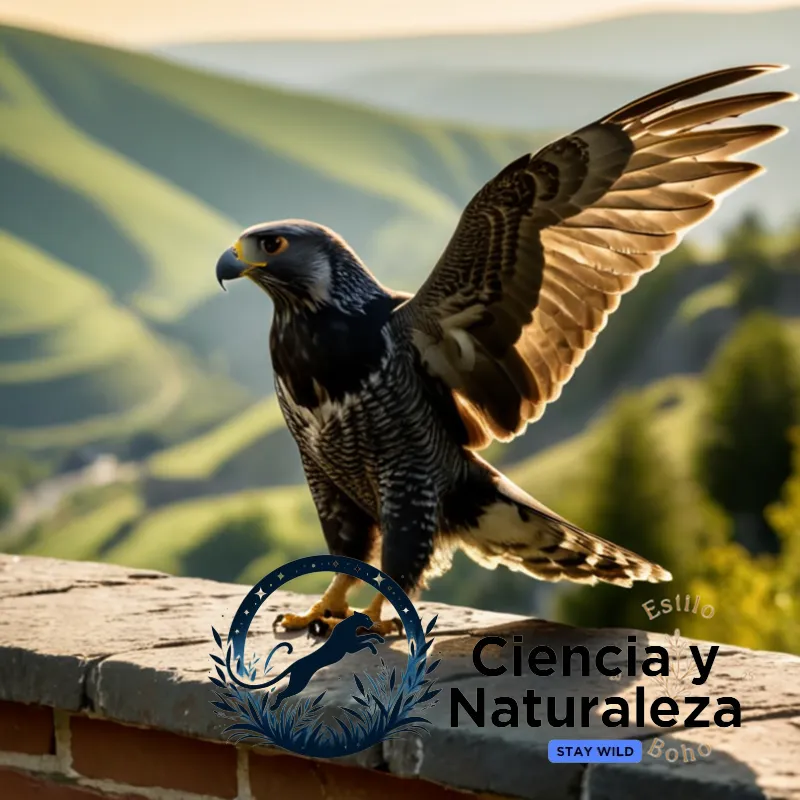 The image should show: A majestic Halcón Peregrino in perfect stoop, its slate-gray wings almost invisible as it plummets towards its prey at breakneck speed, its piercing yellow eyes scanning the terrain below amidst a blurred backdrop of rolling hills and golden sunlight.