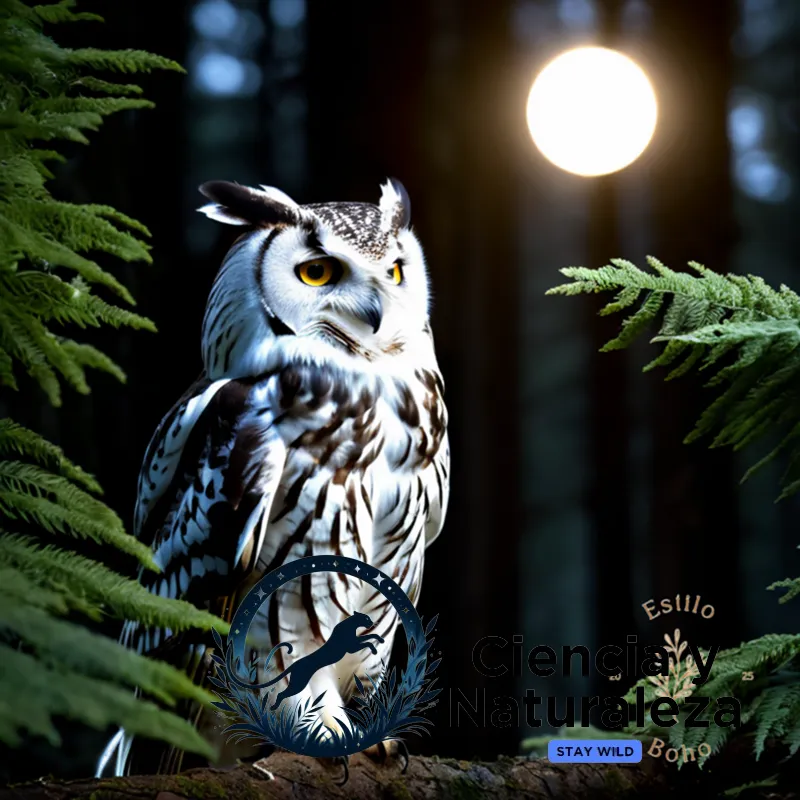 The image should show: A majestic Royal Owl (Búho Real) glides silently through the moonlit forest, its snow-white feathers blending into the darkness as it hovers beneath a tangle of bare branches and ferns, its piercing yellow eyes fixed intently on unseen prey below.