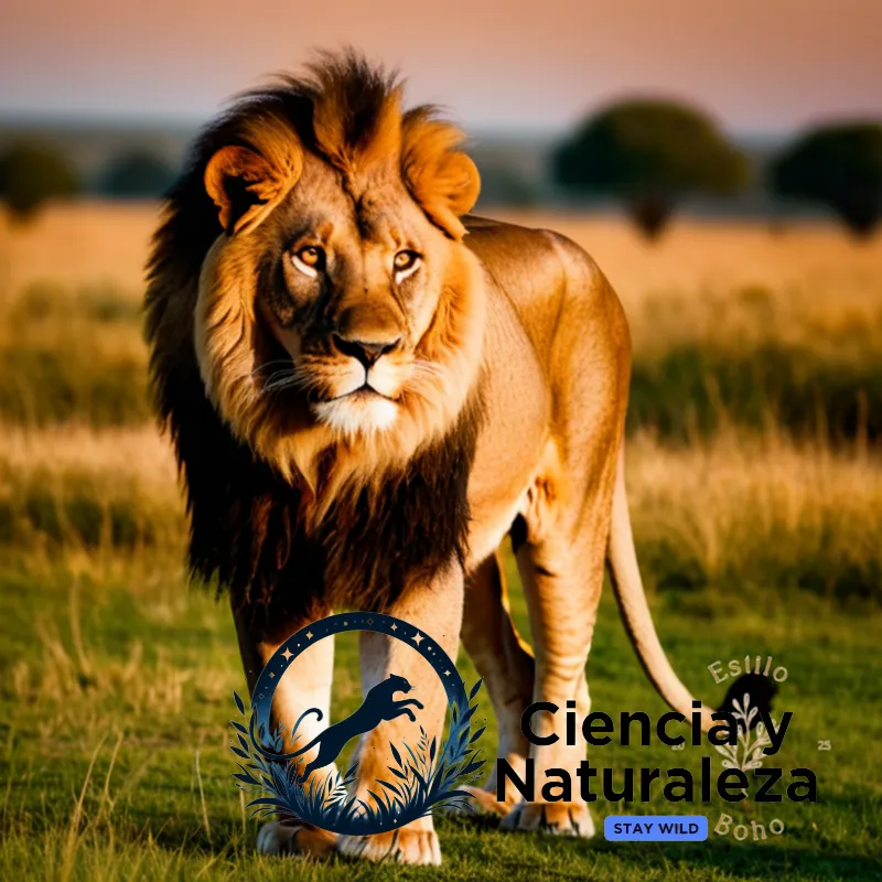 The image should show: A majestic African lion standing proudly on a grassy plain at dusk, illuminated by soft golden light cast across its tawny coat, its shaggy mane ruffled and rippling in the breeze, with a subtle savannah landscape blurred into soft focus behind it.
