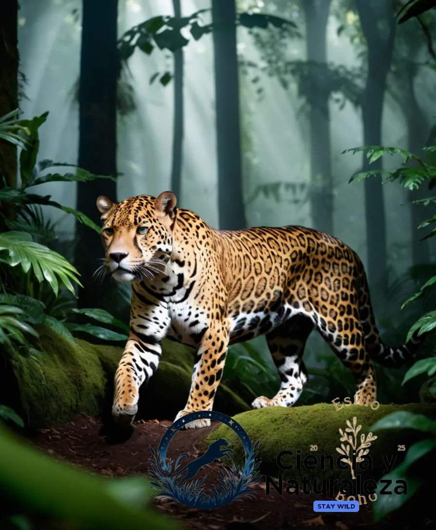 The image should show: A sleek and agile jaguar creeping stealthily through a dense cloud forest, its tawny coat blending seamlessly into the dappled shadows as it stalks its unsuspecting prey under a canopy of vibrant green foliage lit by slanted early morning sunlight.