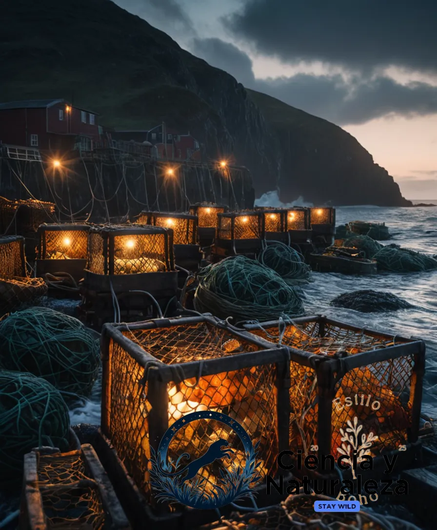 The image should show a rugged cluster of fishing traps set up on a stormy ocean shore, comprising rusty lobster pots, nets covered in seaweed, and old wooden trawlers amidst dark grey rocks and turbulent waves, all bathed in the golden glow of early dawn.