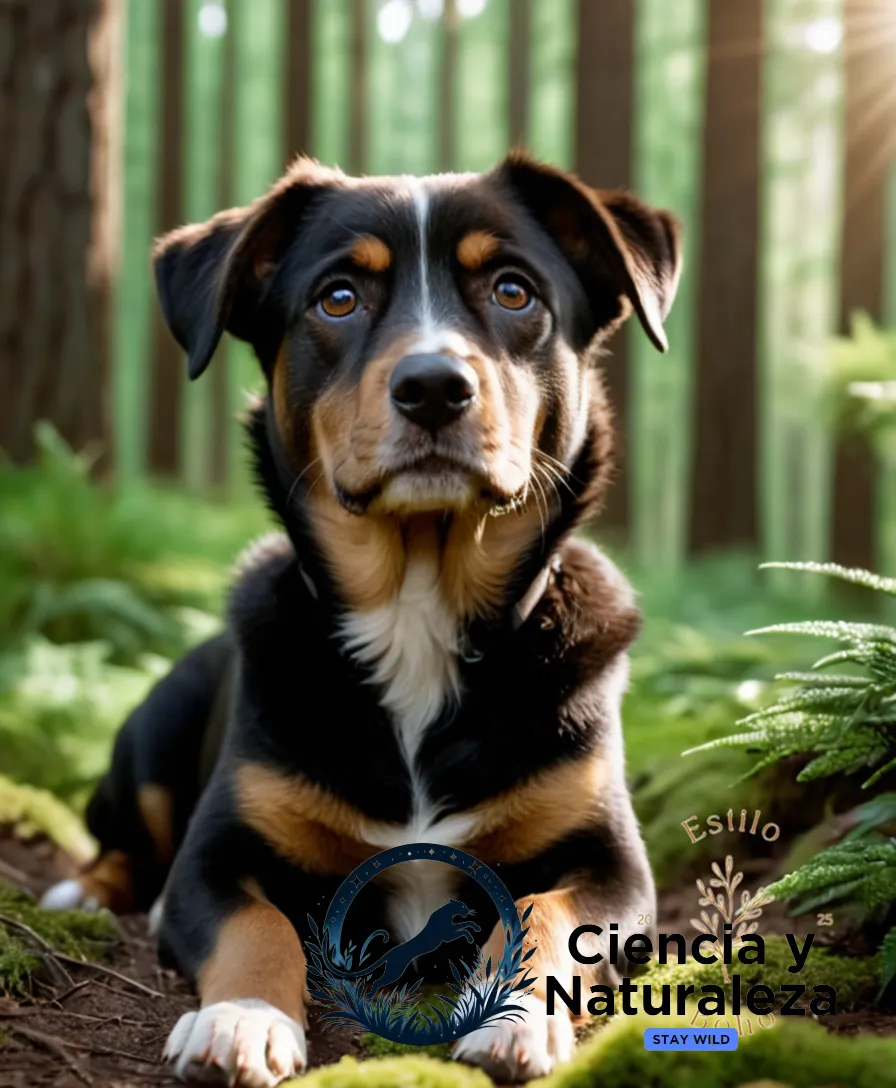 The image should show a focused brown-haired Cachorro (medium-sized, approximately 20 pounds) crouched low to the ground in a forest-like setting, with lush green underbrush and sunlight filtering through overhead trees, highlighting the dog's eager expression as it paws at the edge of a hidden den.