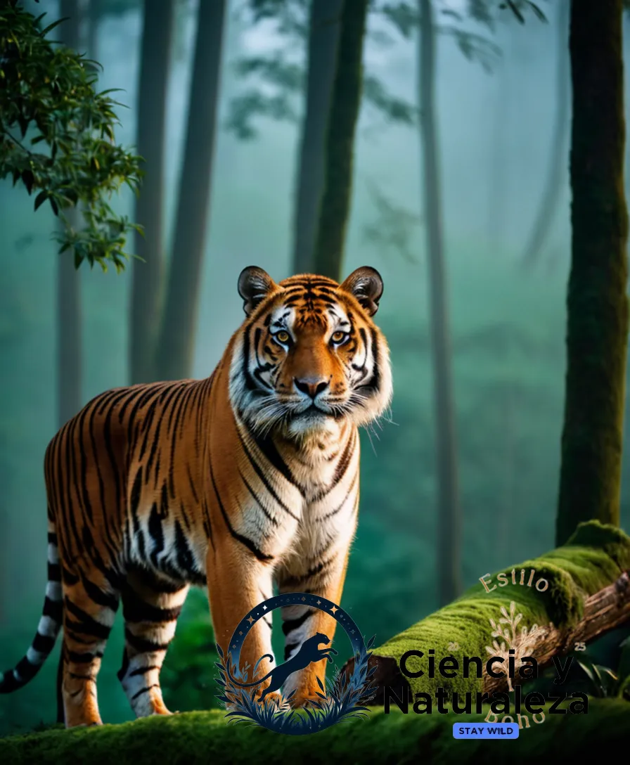 The image should show: A majestic Tigre de Bengala (Panthera tigris jacksoni) stands proudly in a misty Himalayan forest glade at dawn, its tawny orange coat and black stripes stark against lush green foliage and a carpet of moss-covered logs, with the faint lights of distant villages peeking through the trees.