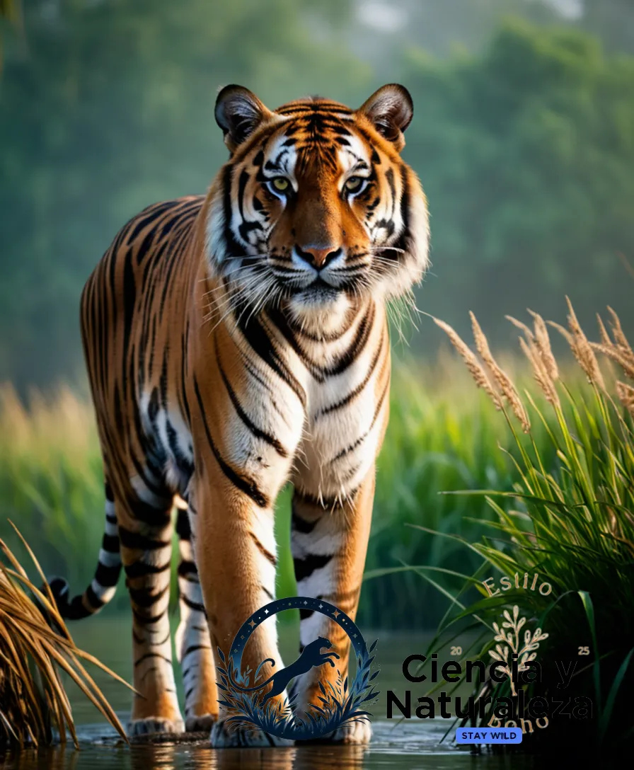 The image should show: A regal Bengal tiger stands majestically amidst the rustling reeds of a mist-shrouded Sundarbans wetland, its tawny coat blending seamlessly into the dappled forest atmosphere as it surveys its kingdom with piercing emerald eyes.