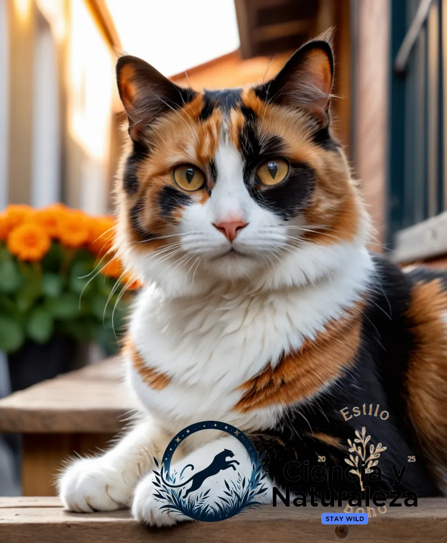 The image should show: a warm and gentle-looking calico cat (with mottled white, black, and orange fur) sitting on a rustic wooden bench in a sunny alleyway, surrounded by vibrant street art and bright flowers, gazing up at the viewer with bright, curious eyes.