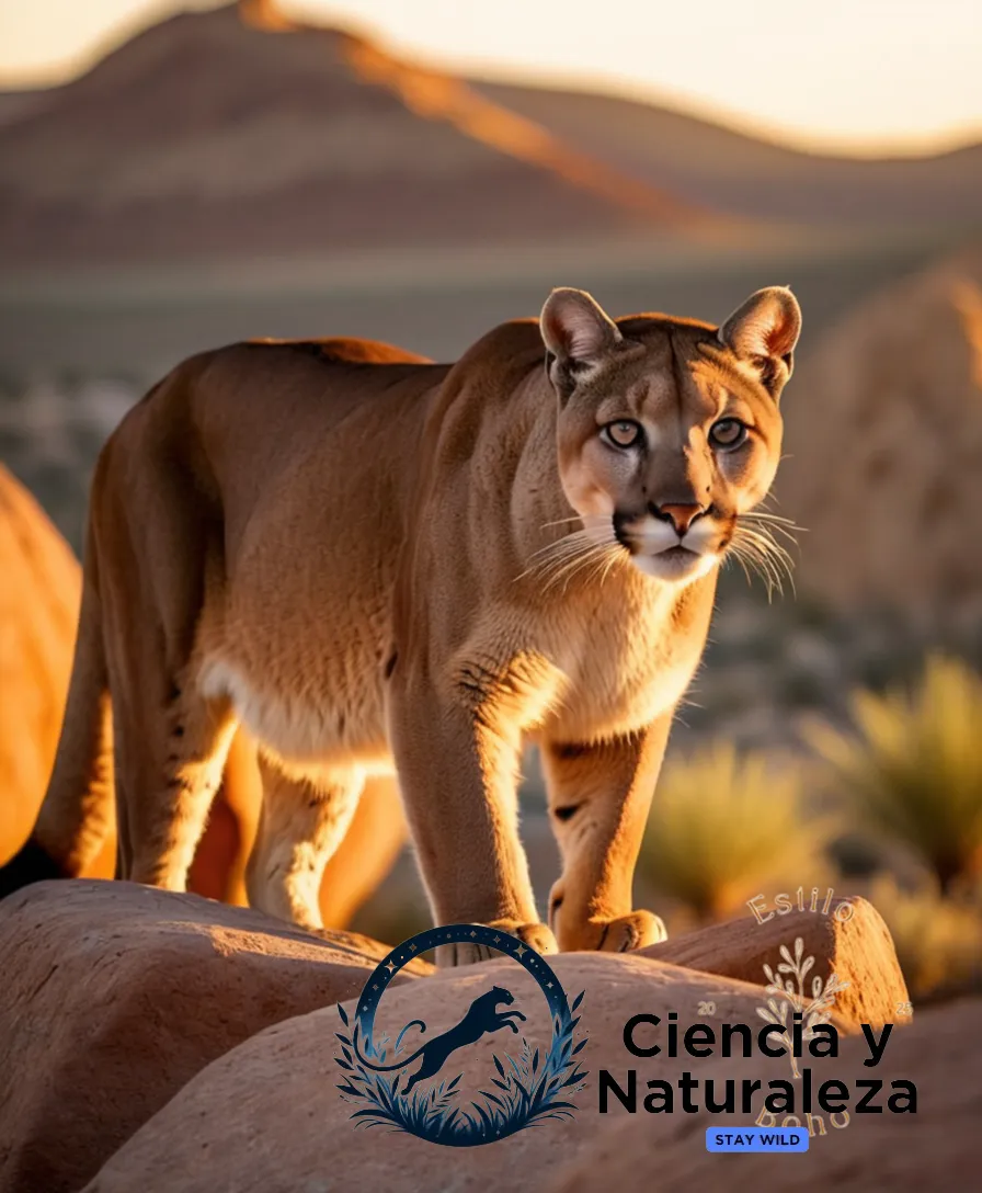 The image should show a majestic mountain lion (Puma concolor) peeking out from behind a rugged boulder in a warm desert landscape at sunset, its tawny fur blending effortlessly into the terrain as its piercing gaze seems to convey the urgent need for conservation and protection.
