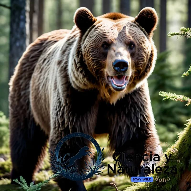 The image should show a poignant hunting scene in a dense, sun-dappled forest, where a majestic male brown bear stands on its hind legs amidst splintered branches and undergrowth, its sharp claws raised high as it stares down at the carcass of a freshly killed deer.